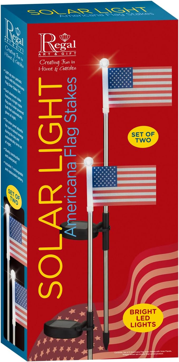 Regal Art & Gift Americana Flag Solar Stake Set of 2 – Decorative Patriotic LED Garden Lights, Weather-Resistant Metal and Acrylic Outdoor Landscape Path Decor for Yard and Patio – Flag