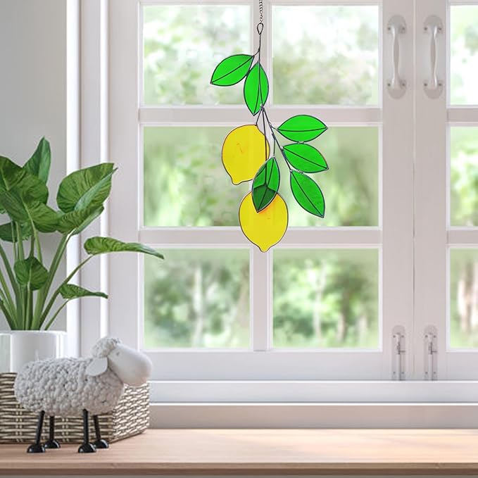 Lemon Leaf Suncatchers - Real Stained Glass Window Hangers - Sun Catchers - Indoor Window Gifts for Plant Lovers