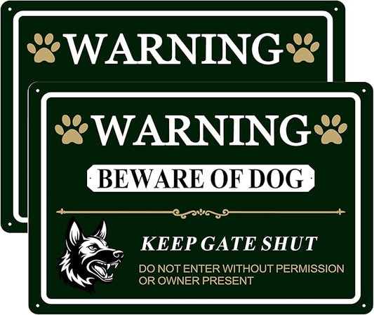 Large Beware of Dog Sign Keep Gate Shut Do Not Enter Signs, 14"x10".04"Metal Heavy Duty Wall Decor, Reflective Aluminum,UV Ink Printing,Weatherproof for Indoor/Outdoor with Easy Mount, 2 Pack