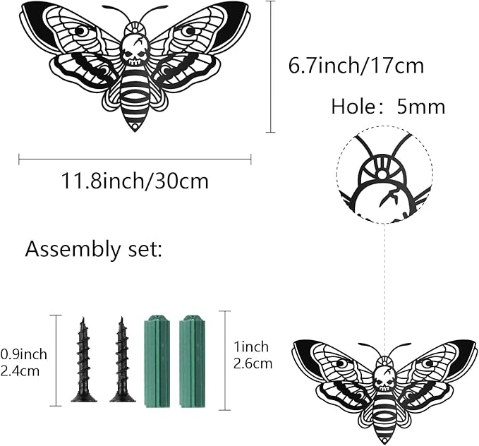 CREATCABIN Death Head Moth Metal Wall Decor Black Skull Metal Wall Art Hanging Ornament Iron Moth Wall Decoration Sculpture Butterfly Gothic Wall Decor for Modern Farmhouse Rustic Home 12 x 6.7Inch