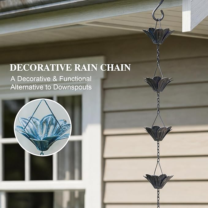 Topadorn Rain Chain Decoration 8.5 FT., Rain Catcher Chain Gutter Downspout 102'' for House Eaves, Garden & Home, Iron Flower Cups Design Rain Chains