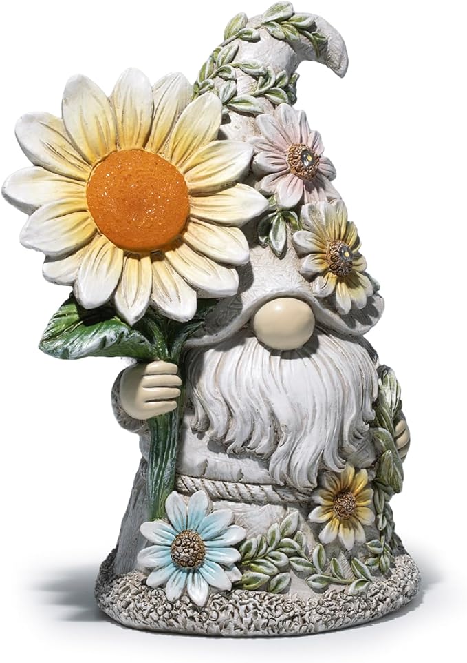basen Solar Garden Gnome Statue with Glowing Daisy Flower, Outdoor Solar Gnome Figurine Decor for Yard Lawn Patio, Resin Garden Gnome Decoration with LED Light for Garden Landscape Ornament