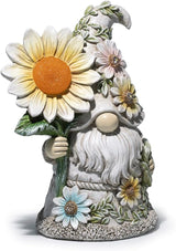 basen Solar Garden Gnome Statue with Glowing Daisy Flower, Outdoor Solar Gnome Figurine Decor for Yard Lawn Patio, Resin Garden Gnome Decoration with LED Light for Garden Landscape Ornament