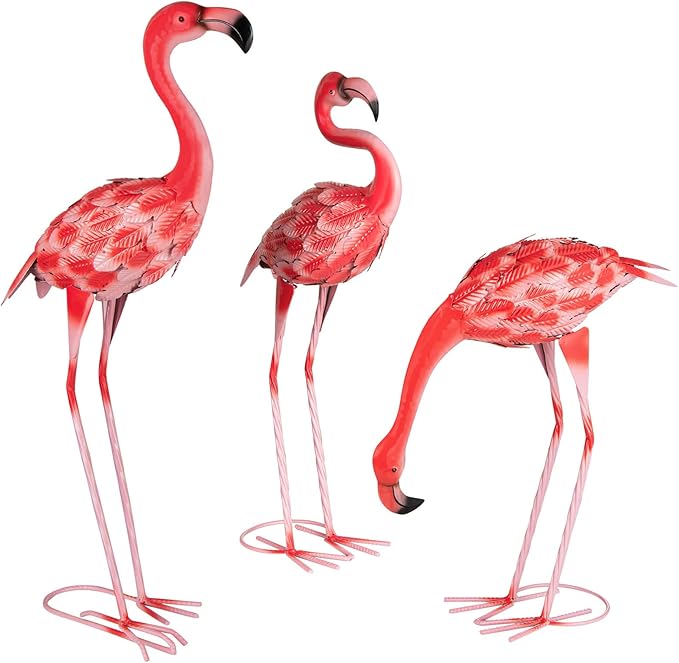 3 Pcs Pink Flamingo Garden Statues, Metal Flamingo Birds Yard Art Outdoor Statue for Home Patio Lawn Balcony Backyard Decor