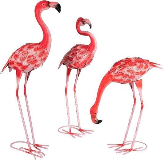 3 Pcs Pink Flamingo Garden Statues, Metal Flamingo Birds Yard Art Outdoor Statue for Home Patio Lawn Balcony Backyard Decor