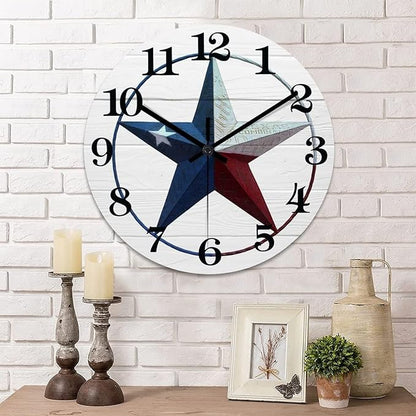 Round Farmhouse Wall Clock Western Texas Star Country Style Wood Clock Silent Non-Ticking Battery Operated Easy to Read Classic Wall Art Desk Clock for Living Room Bathroom Office 15 Inch