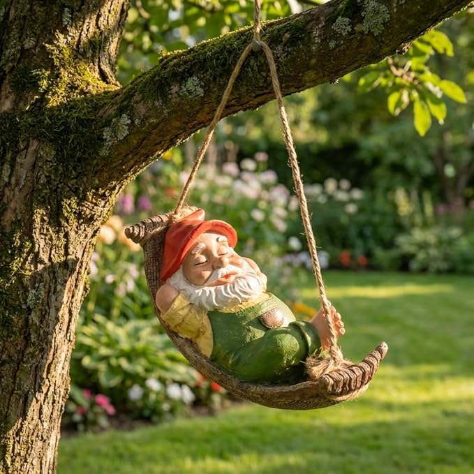 TERESA'S COLLECTIONS Green Garden Gnomes Statues for Garden Decor, Resin Hanging Decorations for Outdoor, Tree Ornaments Figurines for Outside Stump Lawn Patio, Gifts for Mom Women and Man, 8"