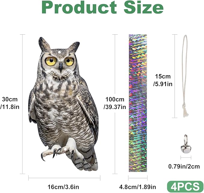 4PCS Reflective Plastic Owl Hanging Decoration Dual-Side Printed Raster Fake Eagle Garden Owl with Scare Tape for Garden Patio Windows