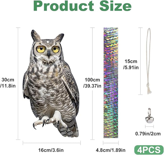 4PCS Reflective Plastic Owl Hanging Decoration Dual-Side Printed Raster Fake Eagle Garden Owl with Scare Tape for Garden Patio Windows