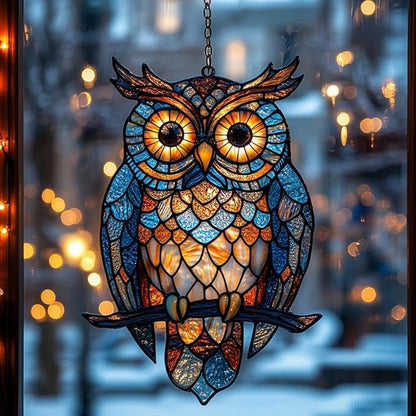Night Owl Acrylic Suncatcher Stained Glass Effect Window Car Hanging Christmas Ornament Indoor Outdoor Decor Garden Sun Catcher Panel for Owl Lover for Women Mom Grandma