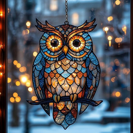 Night Owl Acrylic Suncatcher Stained Glass Effect Window Car Hanging Christmas Ornament Indoor Outdoor Decor Garden Sun Catcher Panel for Owl Lover for Women Mom Grandma