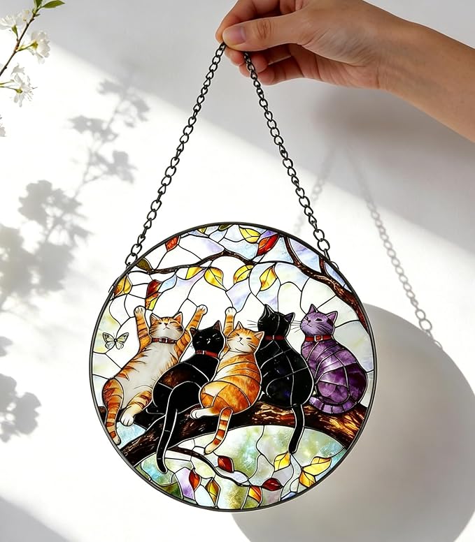 Stained Glass Window Hanging - 5 Happy Kittens on a Branch Suncatcher for Window Doors Home Decoration and Christmas, Mother's Day Birthday Gifts for Women Men Mom 7.8 * 7.8 inch