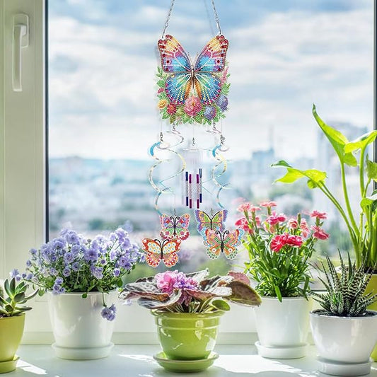 DIY Wind Chime Pendant Spring 3D Diamond Art Painting Hanging Ornament Double Sided Diamond Suncatchers for Window Home Backyard Garden Wall Door Decor-Butterfly01