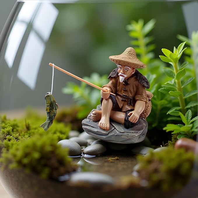 Mini Fisherman Figurines Resin Sitting Fishing Men, Garden Statue Ornament Fish Tank Micro Landscape Decor Garden Sculptures and Statues, Decorations