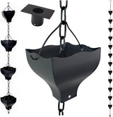 8.5FT Black Tulip Iron Rain Chains for Gutter and Rain Barrel, Replacement for Downspout, Rust-Resistant Plated Garden Décor Rain Chain, Bonus Rain Chain Gutter Adapter, Earrings for House