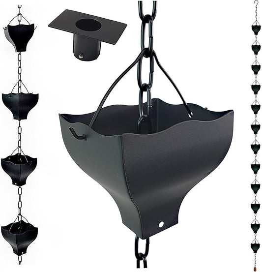 8.5FT Black Tulip Iron Rain Chains for Gutter and Rain Barrel, Replacement for Downspout, Rust-Resistant Plated Garden Décor Rain Chain, Bonus Rain Chain Gutter Adapter, Earrings for House