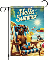 Summer Garden Flag 12x18 Inch Funny Dog Hello Summer Beach Chair Sunglasses Tropical Vacation Design Outdoor Yard Porch Lawn Patio for Seasonal Coastal Home Decor