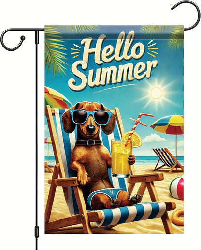 Summer Garden Flag 12x18 Inch Funny Dog Hello Summer Beach Chair Sunglasses Tropical Vacation Design Outdoor Yard Porch Lawn Patio for Seasonal Coastal Home Decor