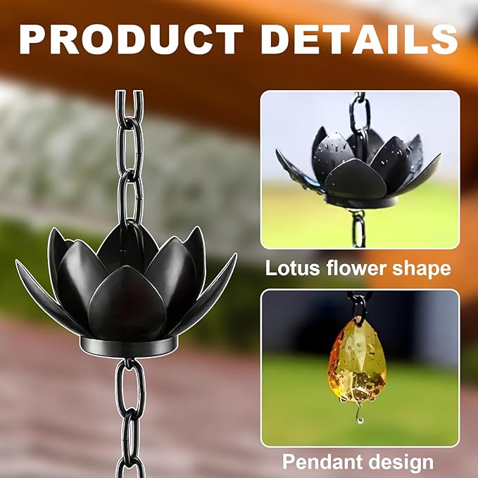 Upriver Lotus Rain Chain,3.93ft Black Iron Rain Chains for Gutters,Rust Resistant Rain Catchers for Divert Water and Indoor,Outdoor Decoration