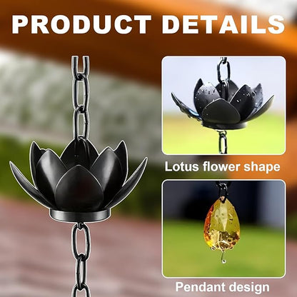 Upriver Lotus Rain Chain,3.93ft Black Iron Rain Chains for Gutters,Rust Resistant Rain Catchers for Divert Water and Indoor,Outdoor Decoration
