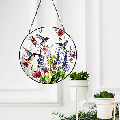 Hummingbirds and Wild Flowers Stained Glass Suncatcher, Handmade Window Hanging Wall Art with Chain, Real Glass Indoor Home Decor, Unique Sun Catcher Gift for Women, 7.8”