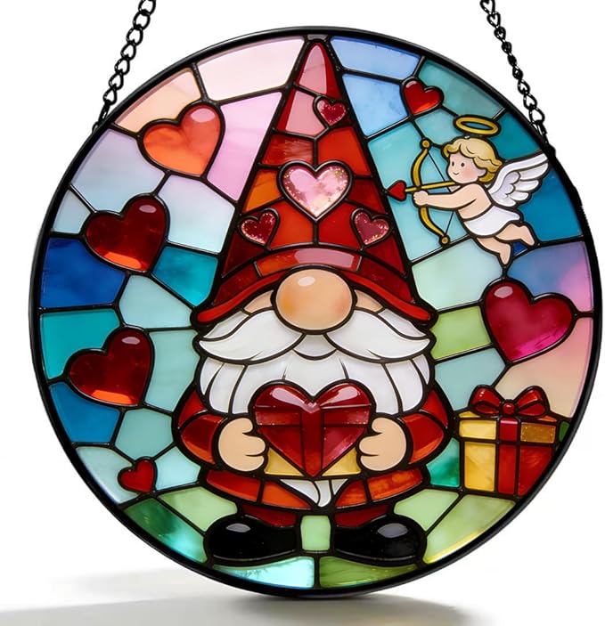 Funoasis Valentine's Day Gnome Stained Glass 6.3 Inches Suncatcher - Cupid & Red Heart Ornament Window Hanging Decor for Sweetheart Present