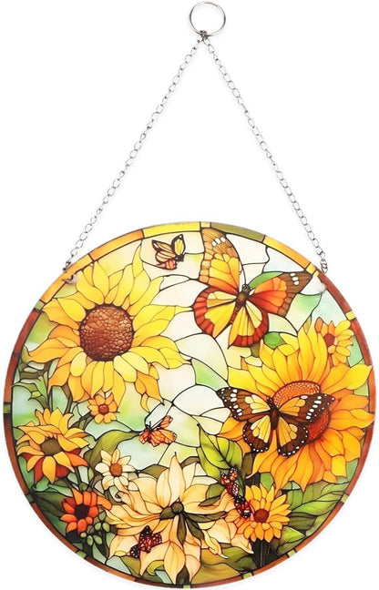 Sunflower Stained Window Hanging Suncatcher 7.9" Hand-Painted Sun Catcher Ornament for Home Garden Christmas Mother’s Day & Valentine’s Day Gift