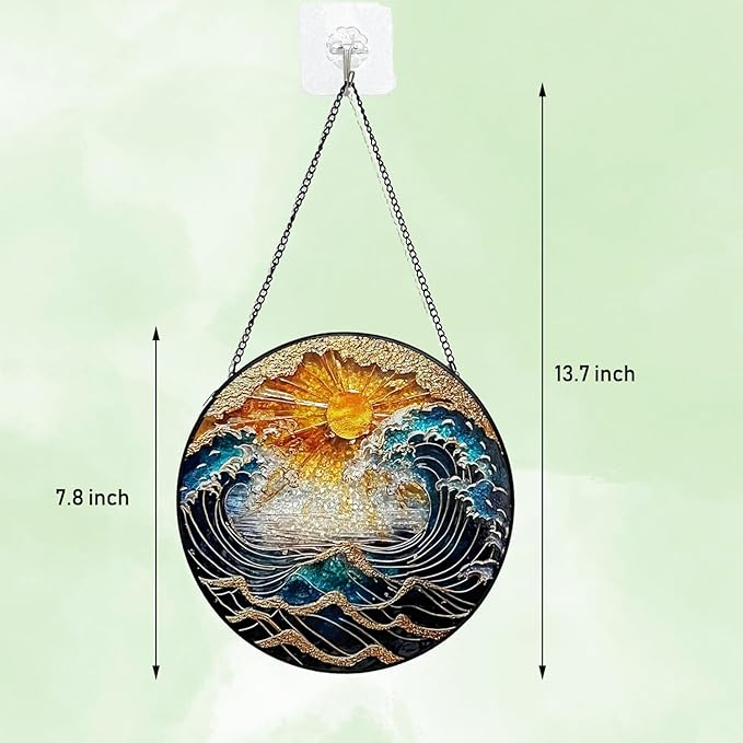 Waves Stained Glass Window Hanging, 7.8" Hand-Painted Sun Catcher Glass Panel Wall Art Decor with Chain, Waves Gifts for Women Mom Grandma, Outdoor Indoor Art Decor for Home Garden