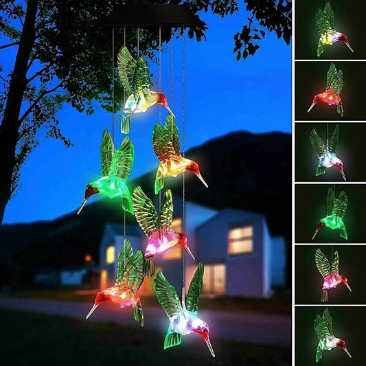 Hummingbird Solar Light - Color Changing Wind Chime for Outdoor Garden, Walkway, Pathway, Backyard - Christmas Decoration, Party Decor (Green Wing)