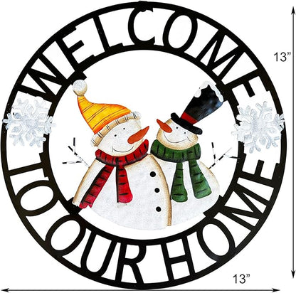 Welcome to Our Home Rustic Metal Snowmen Hanging Welcome Signs Wall Decor Front Door Wreaths Garden Fence Patio Porch Yard Winter Christmas Holiday Indoor Outdoor Decorations 13''H
