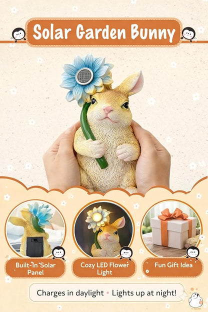 GoGnome Solar Rabbit Garden Statue with LED Flower – Hand-Painted Resin Bunny Figurine, Outdoor Solar Light Decor for Yard, Patio, Porch, Lawn (Rabbit)