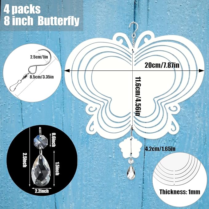 4Pack 8inch Sublimation Wind Spinner Blanks 3D Aluminum Metal Wind Sculpture Kinetic Spinners for Yard and Garden Indoor Art Ornaments Hanging Decoration (Butterfly)