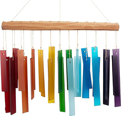 Blue Handworks Color Spectrum Glass and Driftwood Chime - Sandblasted Glass and Found Wood Hand Crafted Wind Chime