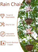 Rain Chains for Gutters, 8.8ft Rain Catcher Chain with 7 Metal Cups & Hummingbird Decor, Adjustable Downspout Replacement for Roof Drainage & Decorative Water Collection（Hummingbird Copper）