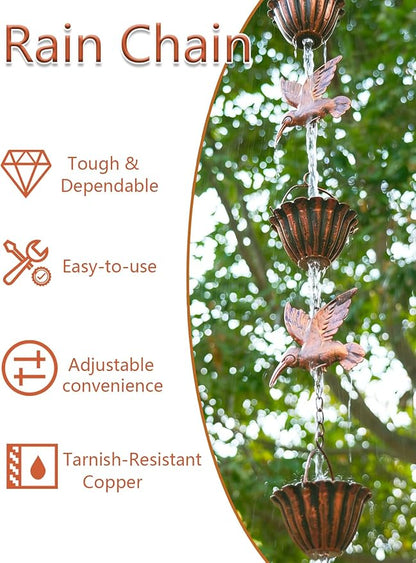 Rain Chains for Gutters, 8.8ft Rain Catcher Chain with 7 Metal Cups & Hummingbird Decor, Adjustable Downspout Replacement for Roof Drainage & Decorative Water Collection（Hummingbird Copper）