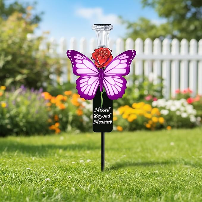 Solar Purple Butterfly Memorial Stake - Missed Beyond Measure Engraved Metal Grave Decorations, Sympathy Gifts for Loss of Sister Daughter Mom (Butterfly)