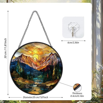 Rngmsi Sun Mountains Stained Glass Window Hanging, 7.8″ Sun Catchers with Hook Indoor Window Decor, Decorative Suncatchers Home Garden Art Gift for Thanksgiving Christmas Housewarming