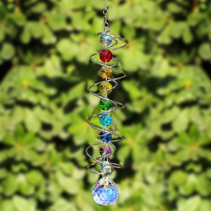 GWAHSA Suncatcher Wind Spinner Gazing Ball Spiral Tail, Crystal Sun Catchers with Seven Chakra Beads Window Hanging for Indoor Home Outdoor Garden Decor Wedding Birthday Party Gifts for Girl Women Mom