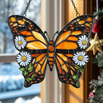 Vivid Tiffany Butterfly Floral Acrylic Suncatcher Stained Glass Effect Window Car Hanging Christmas Ornament Indoor Outdoor Decor Garden Sun Catcher Panel for Butterfly Lover for Women Mom Grandma
