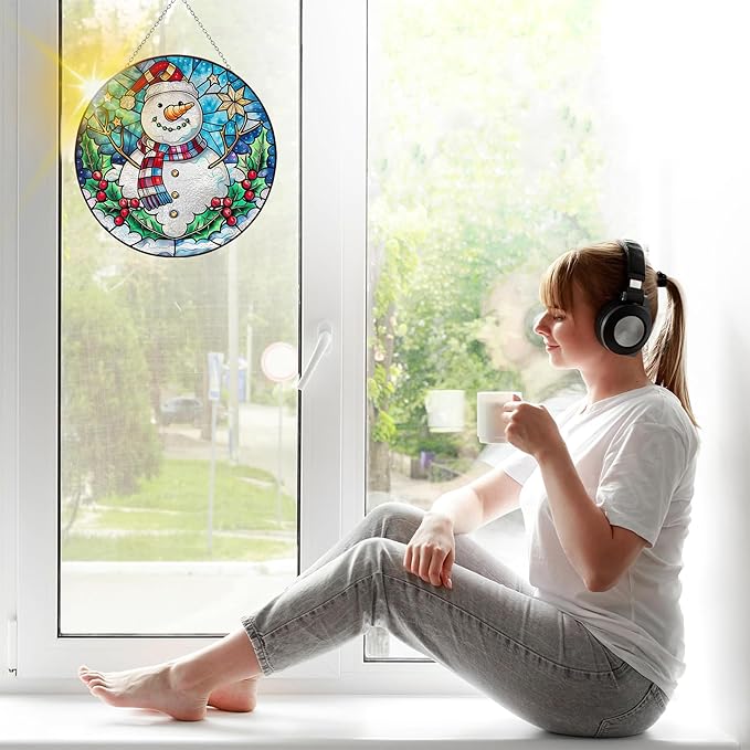 VAIIEYO Christmas Sun Catcher Stained Glass Window Hanging Ornament, Handmade Sun Catcher Snowman Decoration with Hooks for Window Garden Home, Christmas & Birthday Housewarming Gift (7.8 inch)