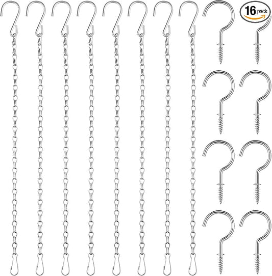 Hotop 8 Pcs Metal Hanging Chains with Ceiling Hooks, Garden Plant Hangers for Hanging Bird Feeders, Billboards, Chalkboards, Basket, Planters, Lanterns, Wind Chimes, Chain Hook DIY(16.38 Inch,Silver)