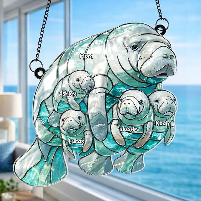 Personalized Manatee Family Acrylic Sun Catcher Ornament Gift for Grandma Mom, Custom Kids Names Window Decor, Heartfelt Gifts for Mimi Nana from Grandkids, Family Window Hanging Decor