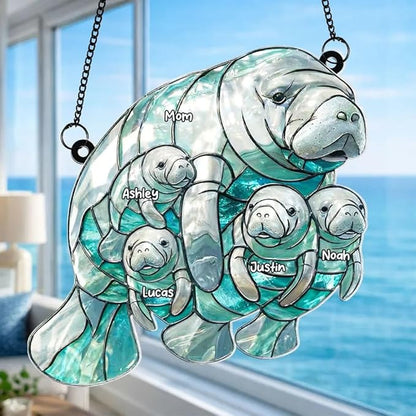 Personalized Manatee Family Acrylic Sun Catcher Ornament Gift for Grandma Mom, Custom Kids Names Window Decor, Heartfelt Gifts for Mimi Nana from Grandkids, Family Window Hanging Decor