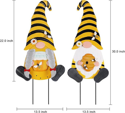 YEAHOME Metal Gnome Decorative Garden Stakes, 2 Pcs Outdoor Garden Decor with Honeybee Ornament Spring Decorations Yard Art Stakes for Indoor Outdoor Patio Lawn (Yellow & Orange)