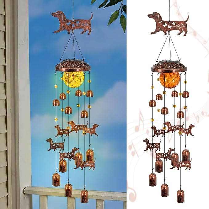 Dachshund Solar Wind Chimes for Outside,Metal Dog WindChimes with Cracked Glass Lights,Hanging Solar Lights Outdoor,Yard,Patio,Garden,Porch Decor