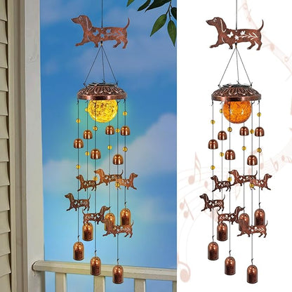 Dachshund Solar Wind Chimes for Outside,Metal Dog WindChimes with Cracked Glass Lights,Hanging Solar Lights Outdoor,Yard,Patio,Garden,Porch Decor