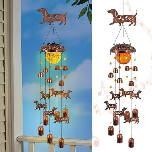 Dachshund Solar Wind Chimes for Outside,Metal Dog WindChimes with Cracked Glass Lights,Hanging Solar Lights Outdoor,Yard,Patio,Garden,Porch Decor