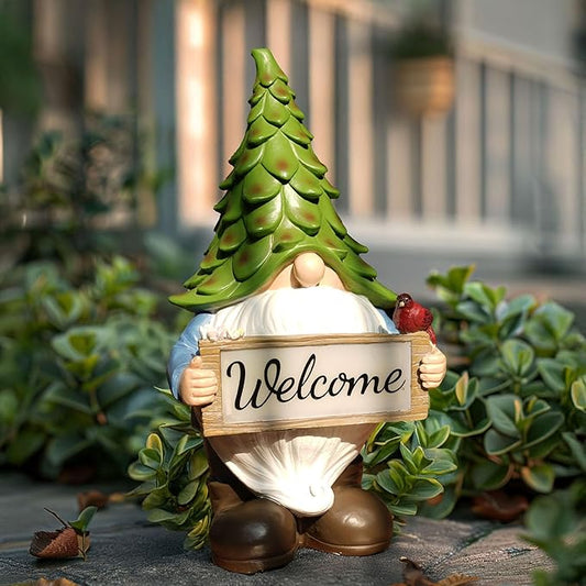 Large Garden Gnome Statue with Solar Lights, 13.5” Welcome Sign Gnome Outdoor Decor for Yard Lawn Patio, Funny Resin Gnome Sculptures, Gifts for Women Mom Grandma,Garden Decor Ornament