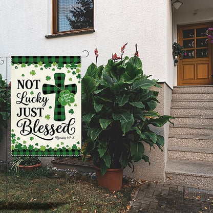 St Patricks Day Irish Blessed Garden Flag Christian Cross Lucky Shamrock Irish March Garden Flag Happy St Patricks Day Double Sided Outdoor House Flag for Outside Yard Decorations 12×18 Inch