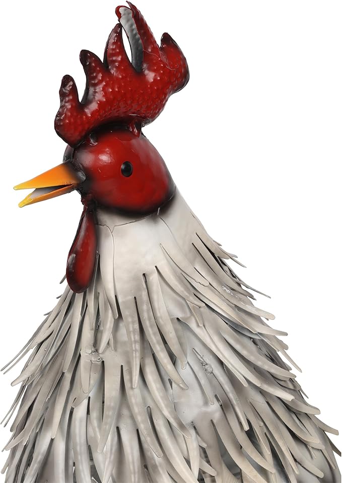 Alpine Corporation 28" Tall Outdoor Metal Feathered Rooster Statue with Vibrant Design, Garden Decor, White/Black